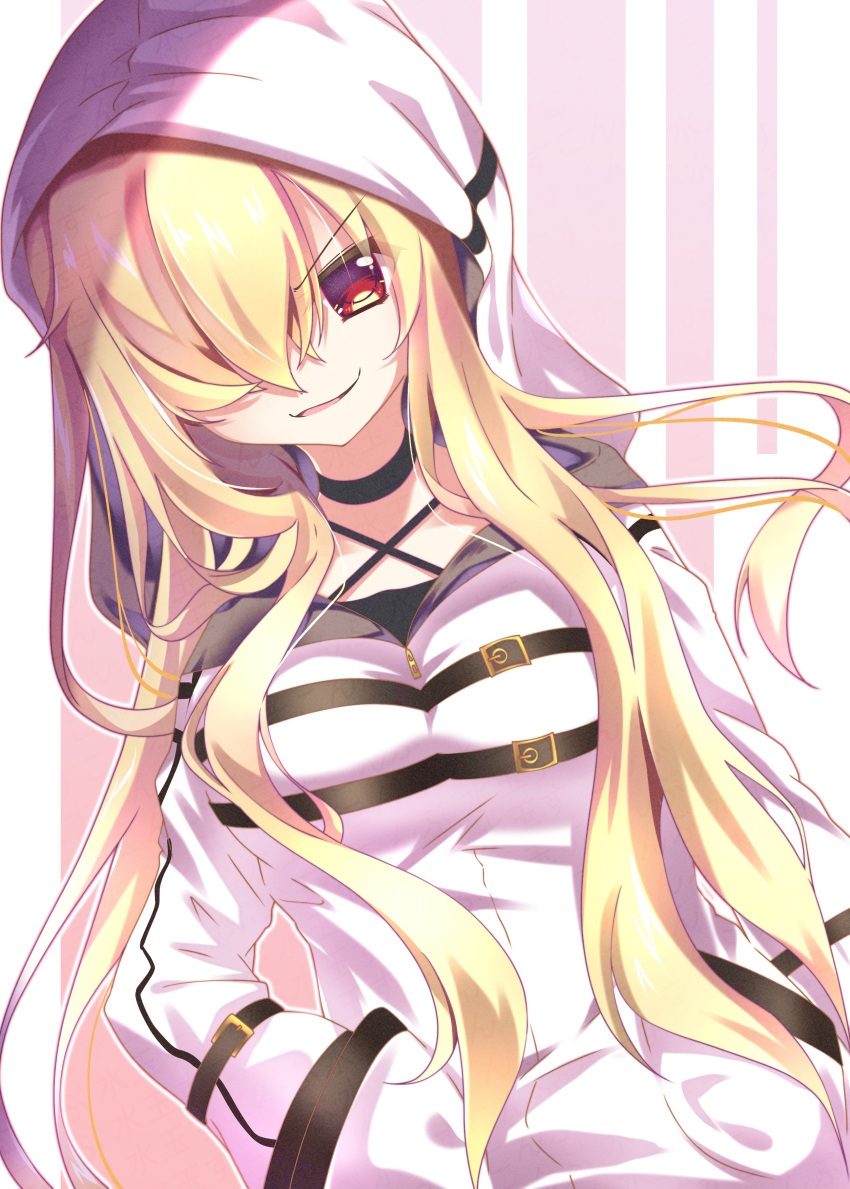 1girl, 9-nine-, absurdres, arm_at_side, belt, black_belt, black_choker, blonde_hair