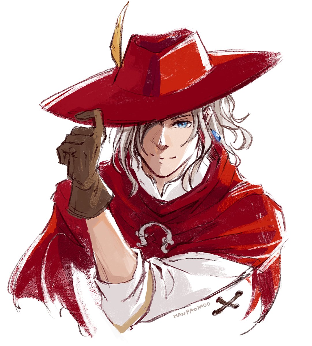 1boy, artist_name, blue_eyes, brown_gloves, cloak, closed_mouth, commentary, elliot_(the_adventures_of_elliot)