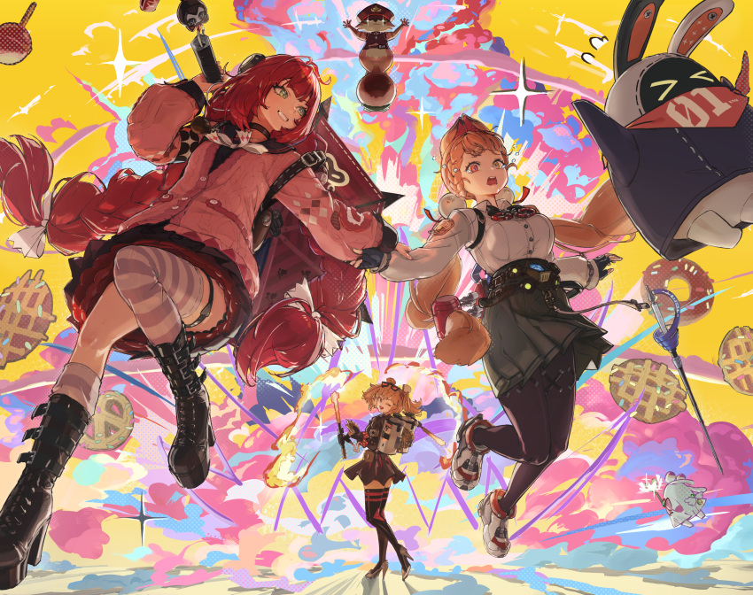 >_<, 3girls, absurdres, alice_thymefield, animal_ears, asymmetrical_legwear, bandana, bandana_around_neck