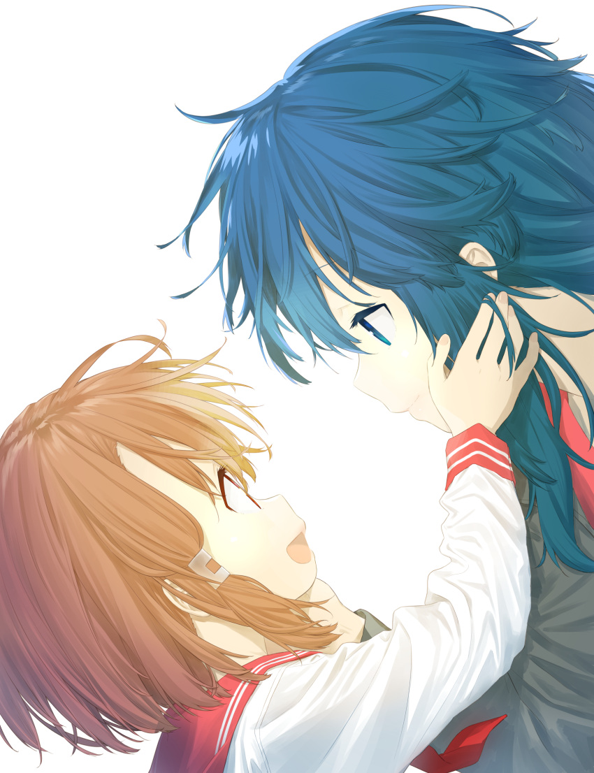 2girls, black_hair, brown_hair, cover, eye_contact, hair_ornament, hand_on_another's_face, highres