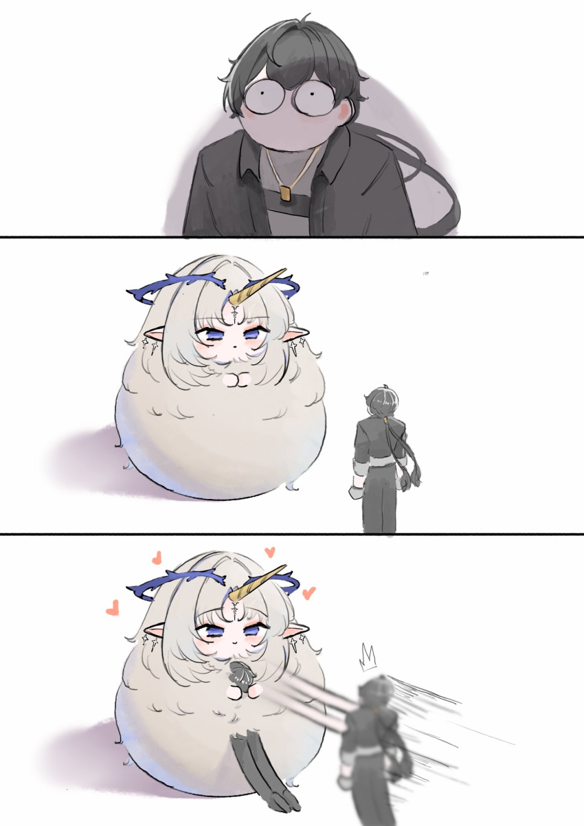 1boy, animalization, black_hair, black_jacket, blue_eyes, commentary, crown_of_thorns, earrings, fleurdelys_(wuthering_waves), floating_earrings, grey_shirt, heart, highres, horns, hug, jacket, jewelry, long_horns, looking_at_another, male_rover_(wuthering_waves), obgbegom, pointy_ears, rover_(wuthering_waves), shirt, sidelocks, single_horn, tacet_mark_(wuthering_waves), wuthering_waves, yellow_horns