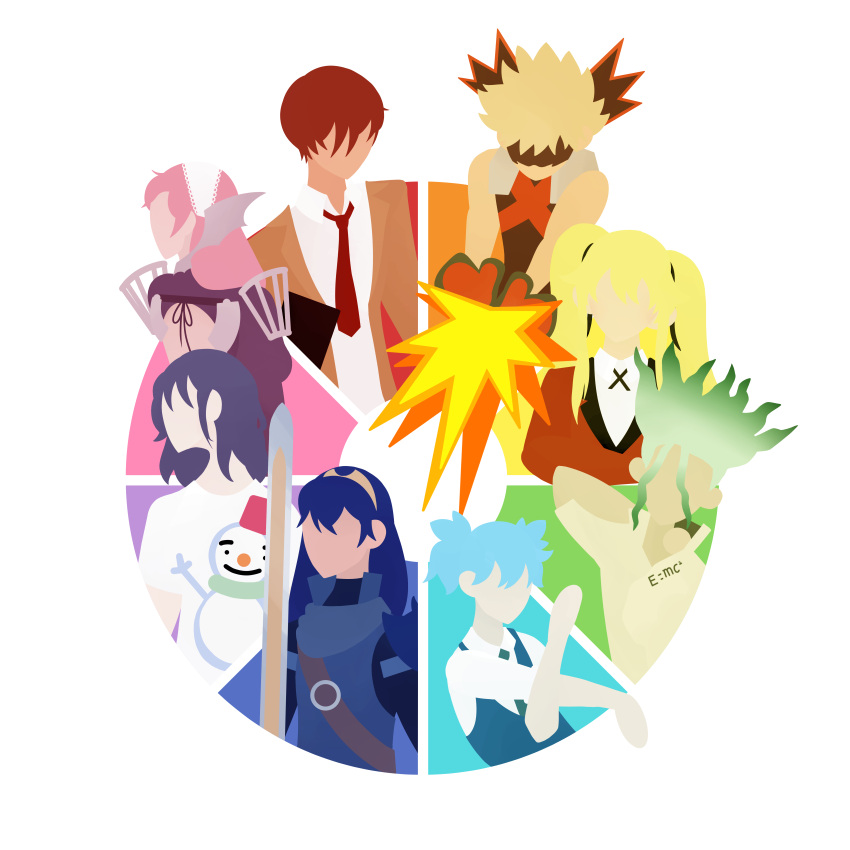 4boys, 4girls, absurdres, ansatsu_kyoushitsu, bakugou_katsuki, blonde_hair, blue_hair, boku_no_hero_academia, brown_hair, cherche_(fire_emblem), chihayafuru, color_wheel_challenge, death_note, dr._stone, explosion, faceless, fire_emblem, green_hair, hand_up, highres, inthelittlegenny, ishigami_senkuu, kakegurui, long_hair, lucina_(fire_emblem), multiple_boys, multiple_drawing_challenge, multiple_girls, pink_hair, saotome_mary, shiota_nagisa, snowman, snowmaru, stretching, sword, twintails, wakamiya_shinobu, weapon, yagami_light
