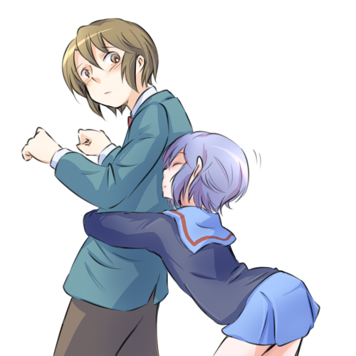 brown_eyes, brown_hair, cardigan, closed_eyes, eyes_closed, grey_hair, hug, hug_from_behind