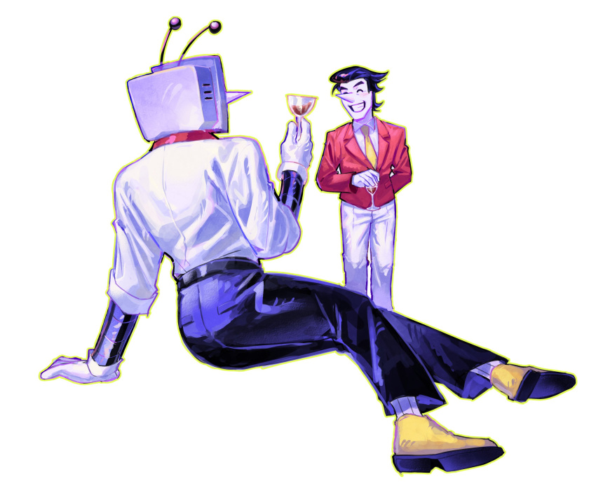 2boys, ant_tenna, ardumon0, black_hair, black_pants, closed_eyes, colored_skin, crt, cup, deltarune, drinking_glass, english_commentary, gloves, highres, holding, holding_cup, humanoid_robot, jacket, long_nose, male_focus, mechanical_arms, multiple_boys, necktie, object_head, outline, pants, pointy_nose, red_jacket, robot, shirt, shirt_tucked_in, shoes, short_hair, simple_background, smile, spamton_g._spamton, spamton_g._spamton_(big_shot), teeth, white_background, white_gloves, white_pants, white_shirt, white_skin, wine_glass, yellow_necktie, yellow_outline, yellow_shoes