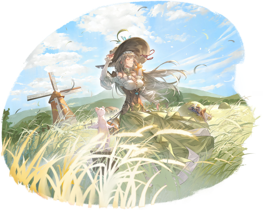 2girls, absurdres, border, closed_eyes, corset, cross, cross-laced_clothes, cross-laced_top, ermine, estra_(sword_of_convallaria), fading_border, field, flavia_(sword_of_convallaria), game_cg, green_skirt, grey_hair, halterneck, hand_on_headwear, hat, highres, jug_(bottle), long_hair, multiple_girls, non-web_source, official_art, skirt, solo_focus, squirrel, sword_of_convallaria, transparent_border, tree_stump, weasel, windmill, witch_hat