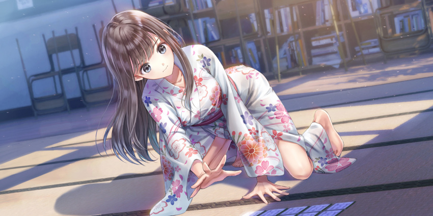 1girl, barefoot, blue_reflection_(series), blue_reflection_sun, book, bookshelf, breasts, brown_hair