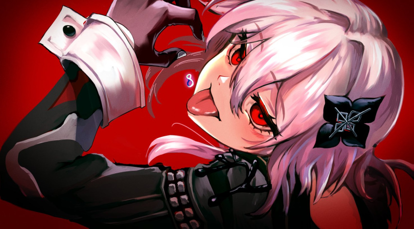 1girl, :p, amphoreus_(honkai:_star_rail), black_dress, black_gloves, commentary_request, dress, evernight_(honkai:_star_rail)