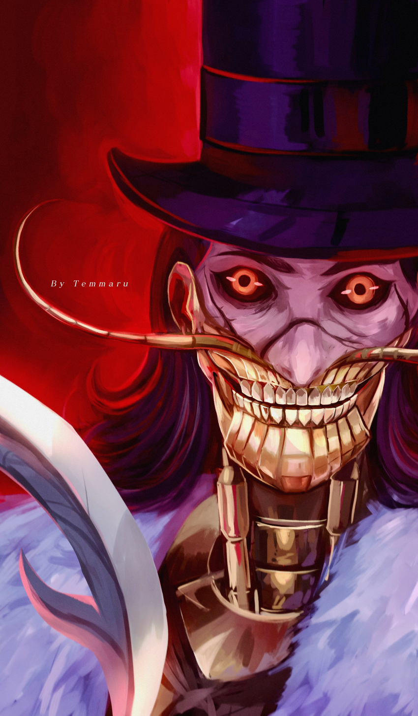 1boy, absurdres, android, arlecchino_the_blood_artist, artist_name, black_hair, black_sclera, colored_sclera, crazy_smile, english_commentary, english_text, facial_hair, fur_collar, hat, highres, lies_of_p, lies_of_p:_overture, mechanical_neck, medium_hair, mustache, red_background, red_eyes, smile, sword, temmaru1, top_hat, weapon