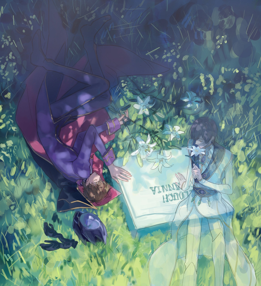 2boys, absurdres, black_gloves, black_hair, brown_hair, closed_eyes, code_geass, flower
