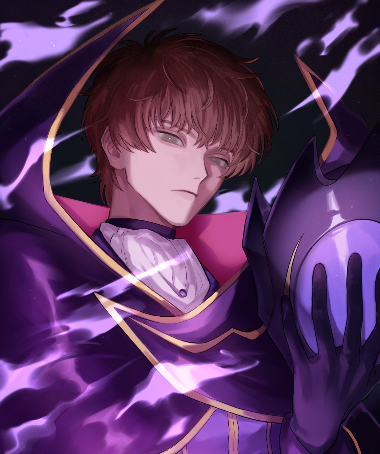 1boy, ascot, black_background, black_cloak, black_gloves, brown_hair, cloak, closed_mouth