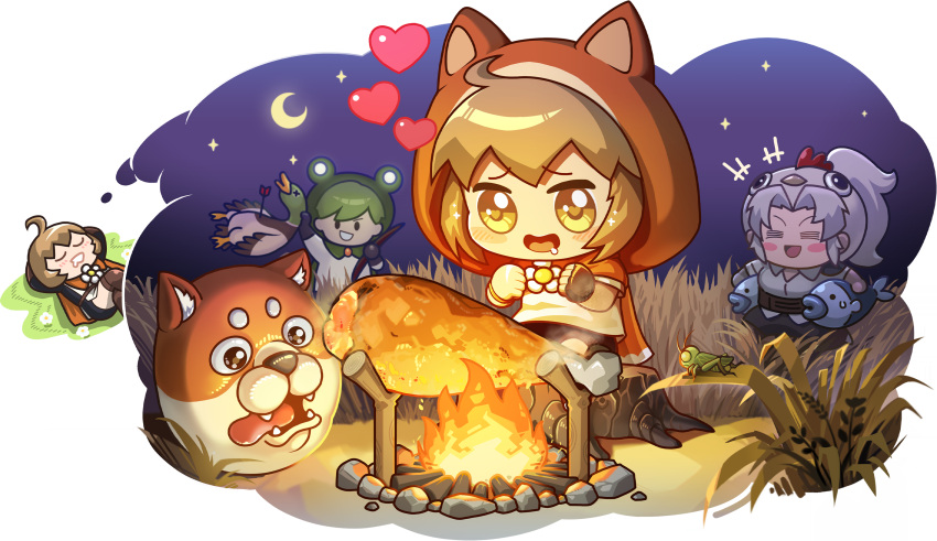 1boy, 2girls, ahoge, animal_hood, bird, blonde_hair, campfire, cape