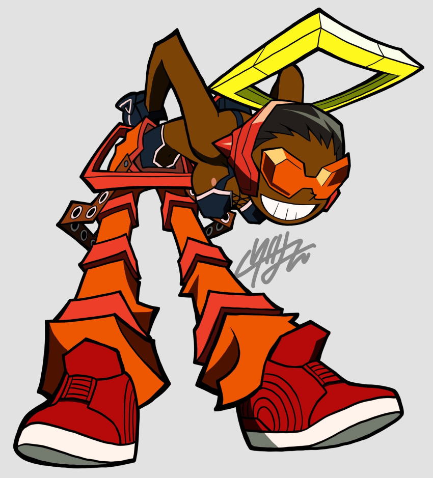 1girl, arms_behind_back, black_hair, bomb_rush_cyberfunk, dark-skinned_female, dark_skin, goggles, grey_background