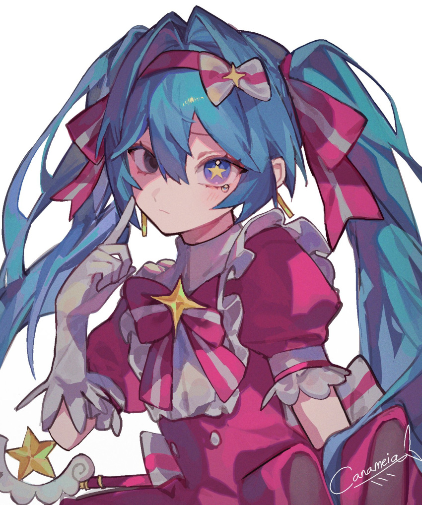 1girl, black_eyes, blue_eyes, blue_hair, bow, bowtie, dress, gloves, hair_bow, hair_ribbon, hatsune_miku, heterochromia, highres, holding, holding_staff, imasugu_rinne_(vocaloid), index_finger_raised, long_hair, mage_staff, magical_girl, pink_bow, pink_bowtie, pink_dress, pink_ribbon, puffy_short_sleeves, puffy_sleeves, ribbon, rmie4, short_sleeves, signature, simple_background, single_tear, solo, staff, star-shaped_pupils, star_(symbol), symbol-shaped_pupils, twintails, very_long_hair, vocaloid, white_background, white_bow, white_gloves