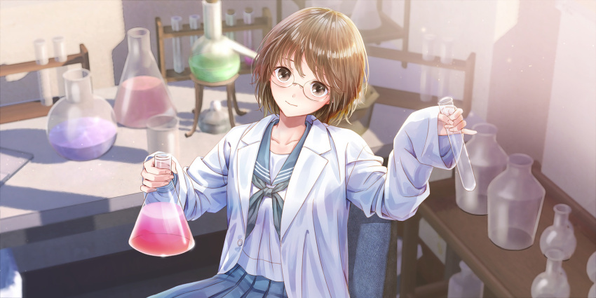 1girl, beaker, blue_reflection_(series), blue_reflection_sun, blue_sailor_collar, blue_skirt, blurry, blurry_background