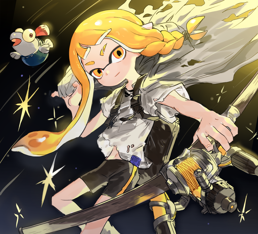 agent_3_(splatoon_3), asymmetrical_hair, bike_shorts, black_background, black_shorts, blonde_hair, braid, cape, closed_mouth, cowboy_shot, eyebrow_cut, falling, gam_(99jellys), gradient_background, grey_cape, hand_up, holding, holding_unworn_cape, holding_unworn_clothes, holding_weapon, ink_tank_(splatoon), inkling, light_smile, long_hair, looking_at_viewer, midair, midriff_peek, navel, orange_eyes, outstretched_arm, pointy_ears, print_shirt, shirt, short_sleeves, shorts, smallfry_(splatoon), solo, splatoon_(series), splatoon_3, torn_cape, torn_clothes, torn_shirt, tri-stringer_(splatoon), unworn_cape, weapon, white_shirt