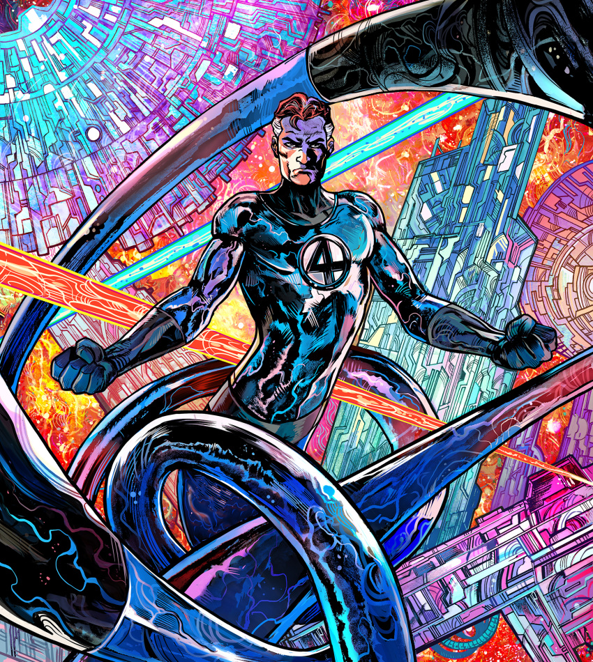 1boy, abstract_background, black_gloves, blue_bodysuit, bodysuit, building, colorful_background, dynamic_pose