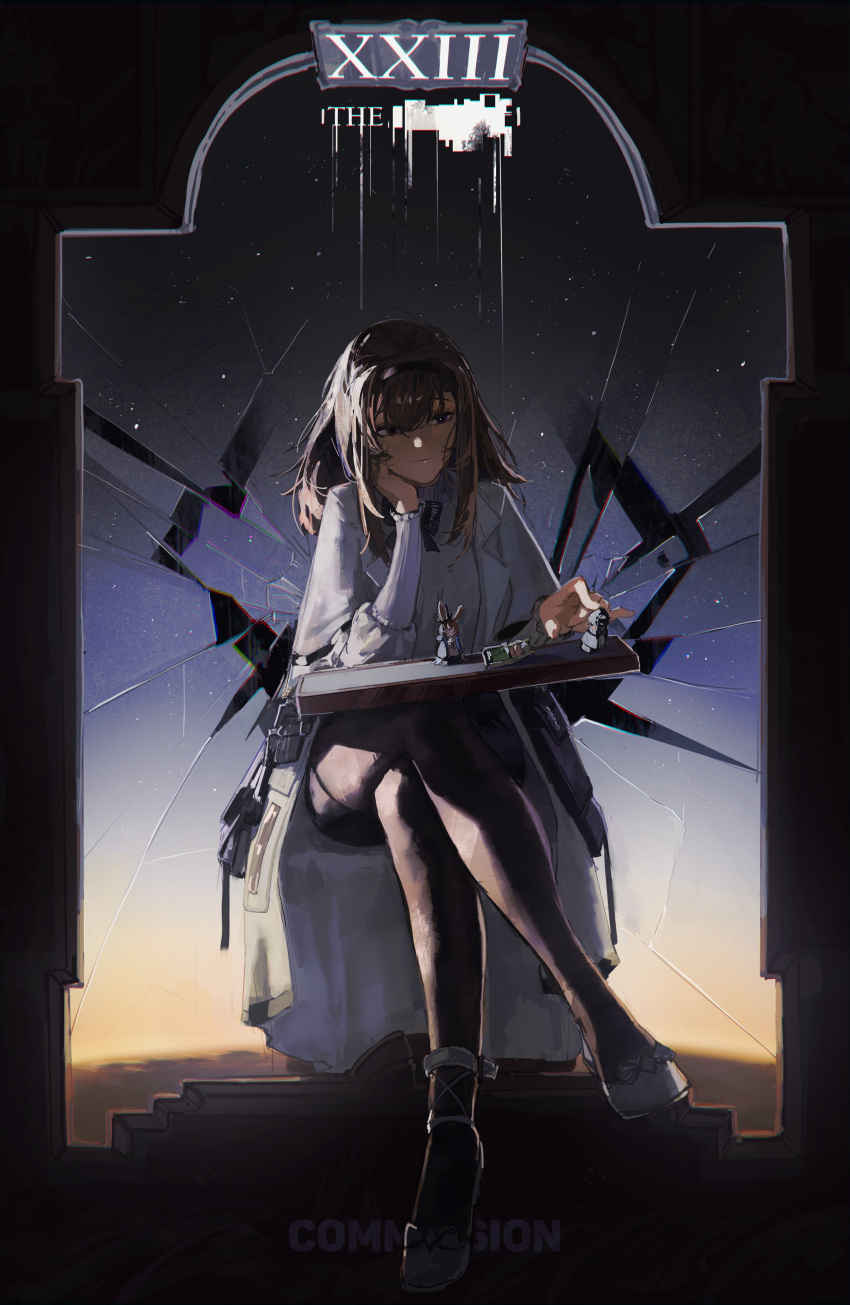 1girl, absurdres, amiya_(arknights), arknights, black_eyes, black_thighhighs, brown_hair, card_(medium)