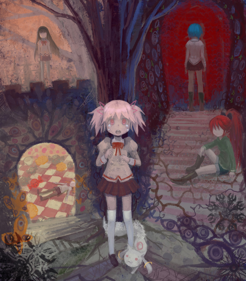 akemi_homura, back, blue_hair, butterfly, candy, chalii, eyes, faceless, kaname_madoka, kyubey, mahou_shoujo_madoka_magica, miki_sayaka, multiple_girls, pantyhose, pink_hair, red_hair, sakura_kyouko, school_uniform, tears, thighhighs, tomoe_mami, tree, witch's_labyrinth, witch's_labyrinth
