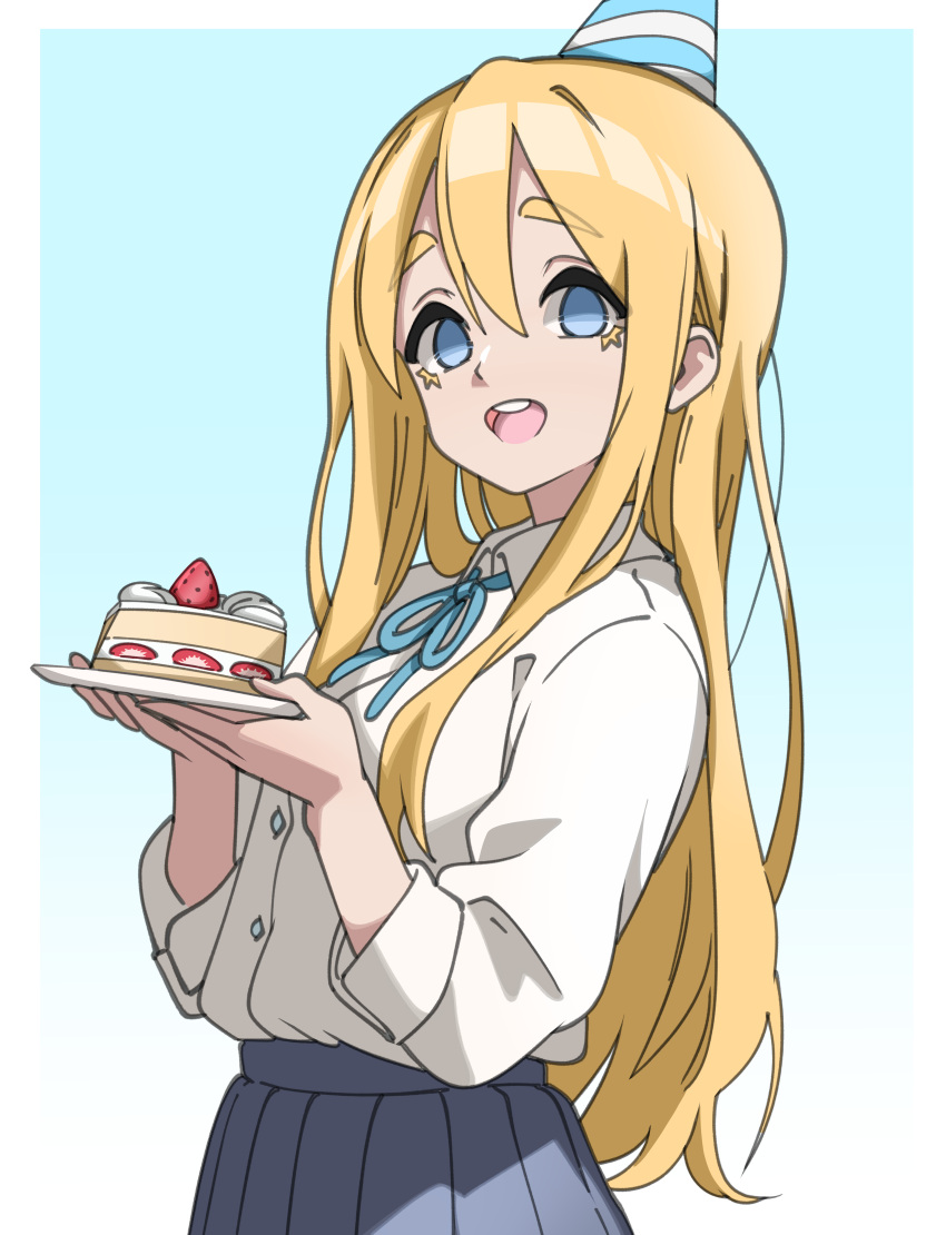 1girl, absurdres, blonde_hair, blue_background, blue_eyes, blue_ribbon, blue_skirt, border, cake, cake_slice, commentary, cowboy_shot, english_commentary, facial_mark, food, from_side, ghuler, gradient_background, hair_between_eyes, hat, highres, holding, holding_plate, k-on!, kotobuki_tsumugi, long_hair, long_sleeves, looking_at_viewer, neck_ribbon, open_mouth, party_hat, plate, ribbon, school_uniform, shirt, simple_background, skirt, sleeves_rolled_up, smile, solo, star_(symbol), star_facial_mark, teeth, two-tone_background, upper_teeth_only, very_long_hair, white_background, white_border, white_shirt