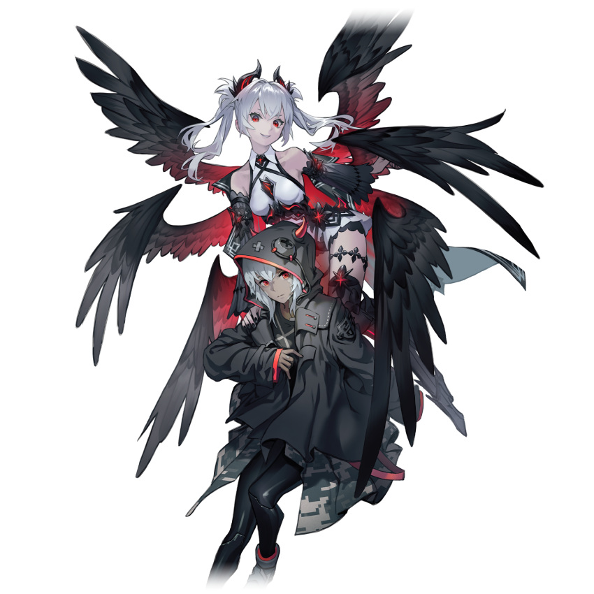 2girls, arcaea, arm_up, bare_shoulders, black_boots, black_cape, black_hoodie, black_horns