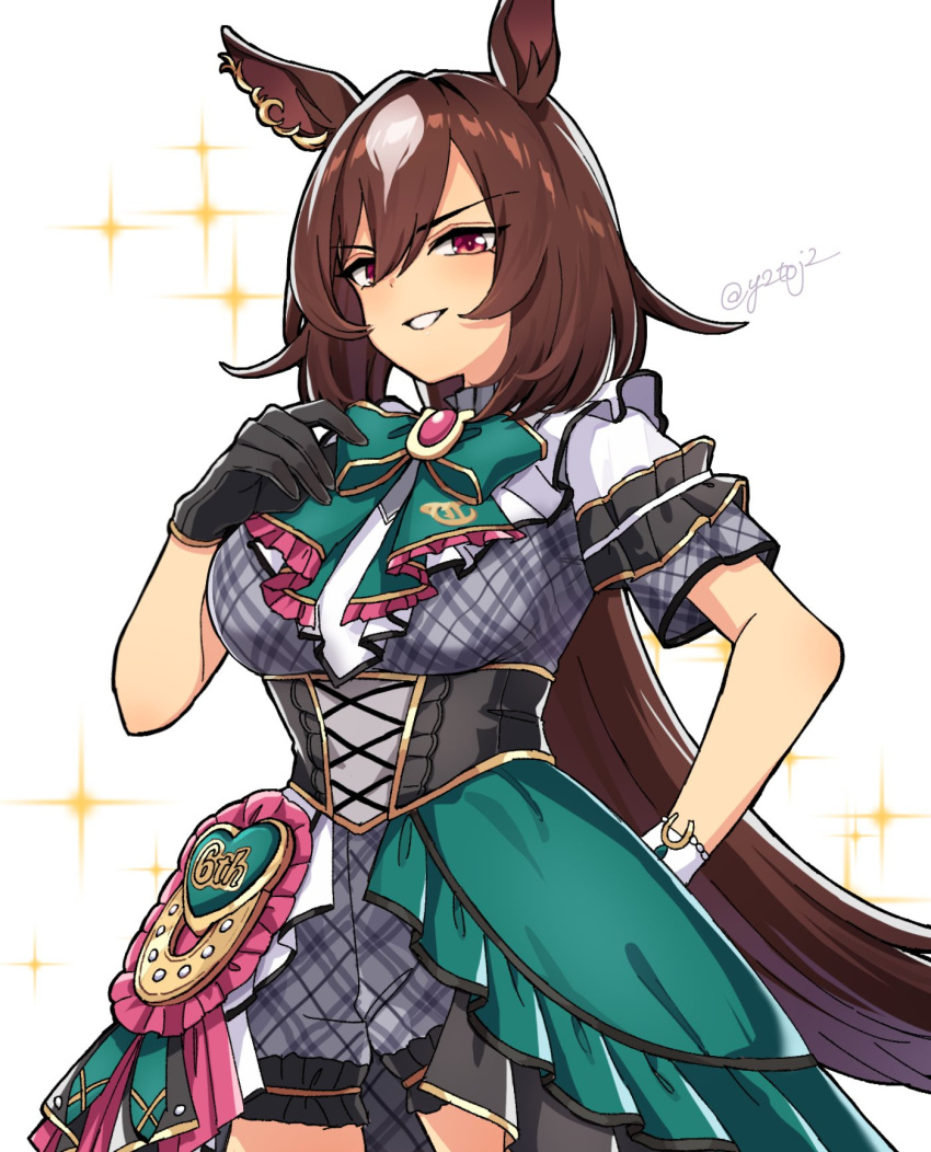 alternate_color, animal_ears, asymmetrical_gloves, black_gloves, bow, bowtie, breasts, brown_hair
