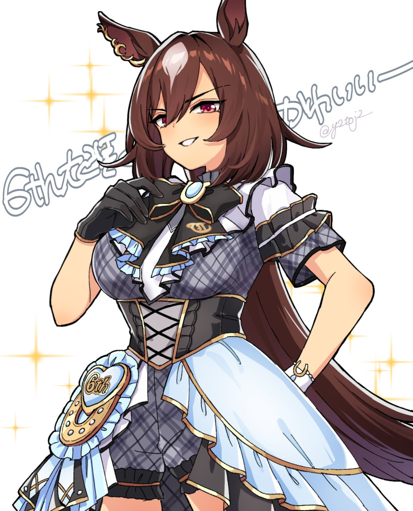 animal_ears, asymmetrical_gloves, black_gloves, bow, bowtie, breasts, brown_hair, corset