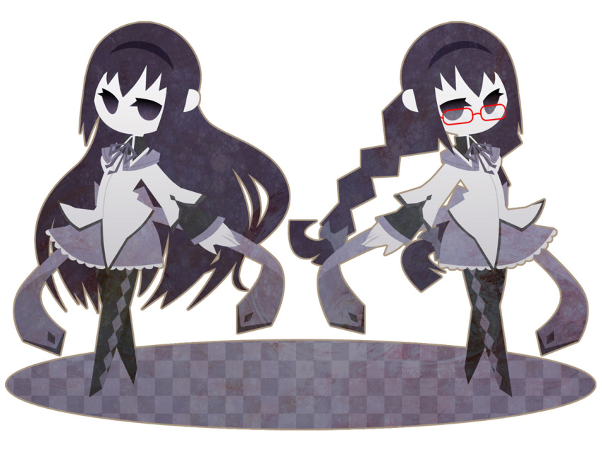akemi_homura, alternate_hairstyle, argyle, argyle_legwear, black_eyes, black_hair, black_legwear, braid, checkered, checkered_floor, dual_persona, glasses, hairband, long_hair, magical_girl, mahou_shoujo_madoka_magica, multiple_girls, outstretched_arm, pantyhose, red-framed_glasses, red-rimmed_glasses, ribbon, runaka, spoilers, symmetry, twin_braids
