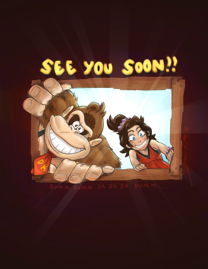 1boy, 1girl, blue_eyes, brown_fur, brown_hair, donkey_kong, donkey_kong_(series), donkey_kong_bananza, furry, furry_male, gorilla, highres, looking_at_viewer, marioantoniogenduso, necktie, pauline_(mario), pauline_(young)_(mario), peeking_out, red_necktie, signature, suspenders, teeth