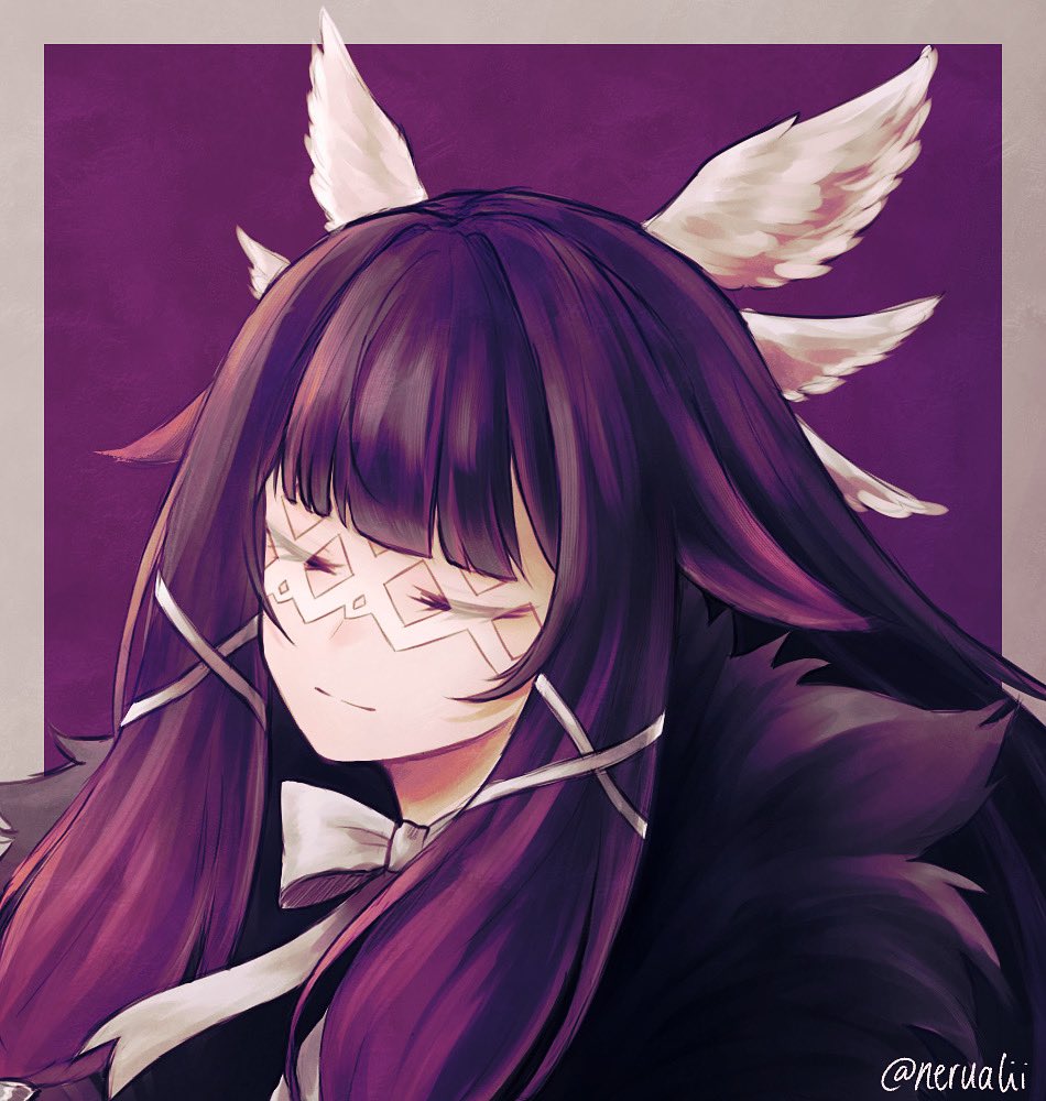 1girl, blunt_bangs, border, bow, bowtie, closed_eyes, columbina_(genshin_impact), commentary, genshin_impact, grey_border, long_hair, neruru, outside_border, purple_background, purple_hair, smile, solo, upper_body, white_bow, white_bowtie
