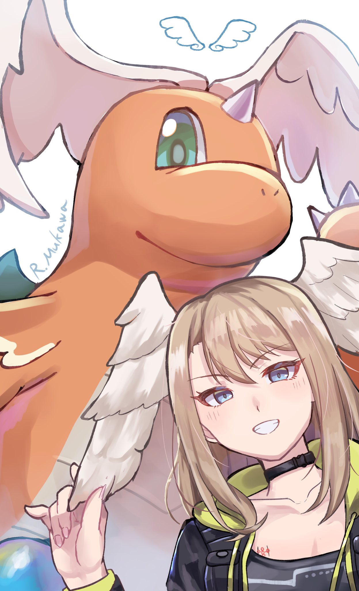 1girl, asymmetrical_bangs, black_choker, blue_eyes, brown_hair, choker, collarbone, commentary, dragonite, eunie_(xenoblade), green_eyes, green_pupils, hair_between_eyes, head_wings, highres, horns, laolin_nla, long_hair, looking_at_viewer, mega_dragonite, mega_pokemon, parted_bangs, pokemon, pokemon_(creature), pokemon_legends:_z-a, single_horn, smile, solo, symbol-only_commentary, trait_connection, white_background, wings, xenoblade_chronicles_(series), xenoblade_chronicles_3
