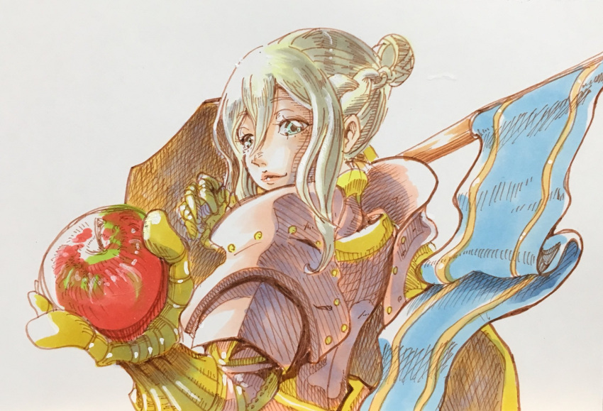 1girl, apple, armor, effie_(fire_emblem), fire_emblem, fire_emblem_fates, food, fruit, green_eyes, grey_hair, hair_between_eyes, hair_bun, highres, holding, holding_food, holding_fruit, looking_at_viewer, pink_armor, single_hair_bun, solo, to_ra_dandan35