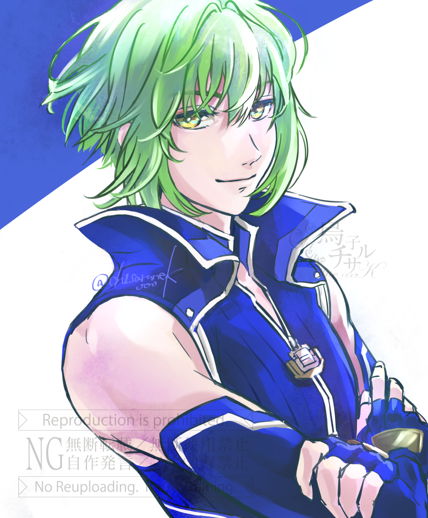 1boy, chisarune, closed_mouth, commentary_request, crossed_arms, eiyuu_densetsu, green_hair, hajimari_no_kiseki