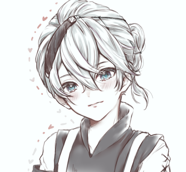 1boy, blue_eyes, blush, closed_mouth, commentary_request, double-parted_bangs, hair_between_eyes, heart, looking_at_viewer, male_focus, nagisa_(nagi_karasumaru), nier, nier_(brother), nier_(brother)_(pre_timeskip), nier_(series), simple_background, solo, upper_body, white_background, white_hair