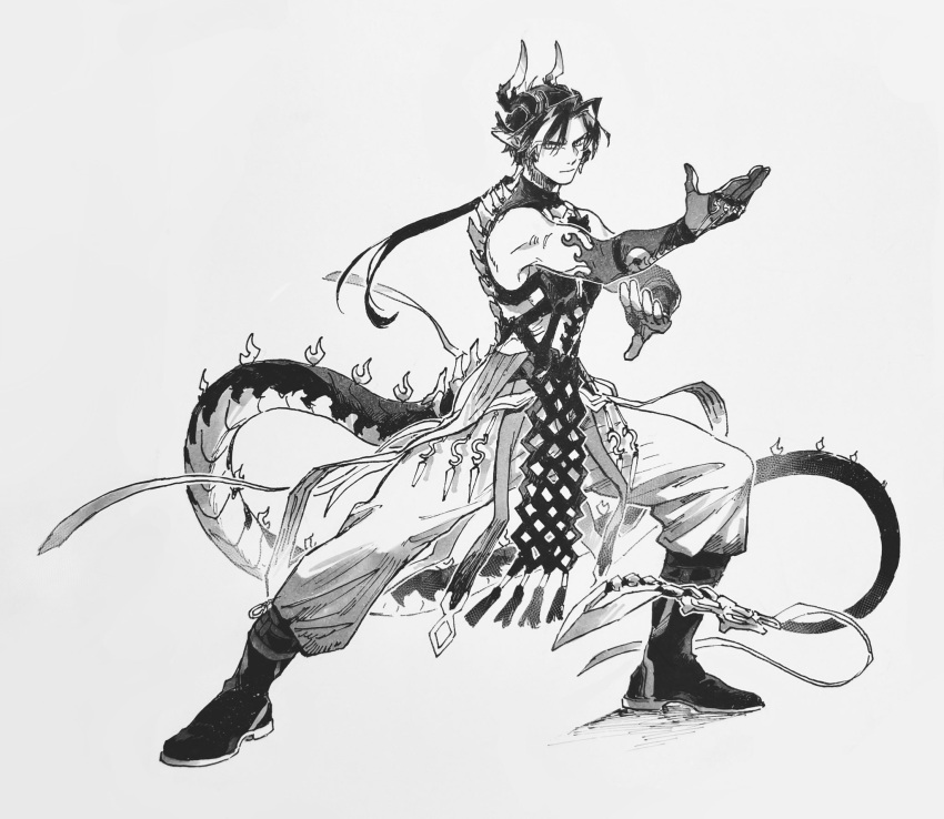 1boy, arknights, bare_shoulders, boots, chongyue_(arknights), closed_mouth, colored_extremities, commentary
