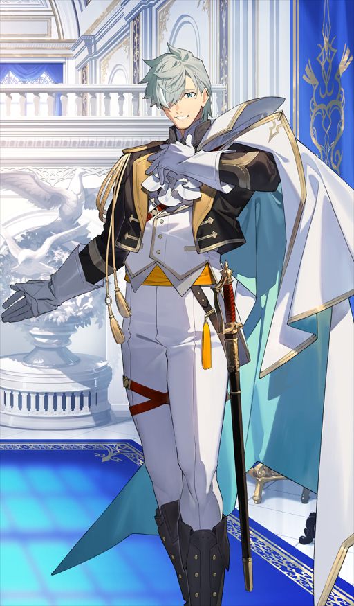 1boy, :d, ascot, belt, black_belt, black_jacket, blue_eyes, buttons, cape, commentary_request, fate/grand_order, fate_(series), feet_out_of_frame, formal_clothes, game_cg, gloves, grin, hair_over_one_eye, hand_on_own_chest, high_collar, indoors, jacket, legs_together, male_focus, official_art, one_eye_covered, outstretched_arm, pants, percival_(fate), percival_(fgo_fes._2025)_(fate), shiramine_(srmn09), short_hair, smile, solo, standing, teeth, third-party_source, vest, white_ascot, white_cape, white_gloves, white_hair, white_pants, white_vest