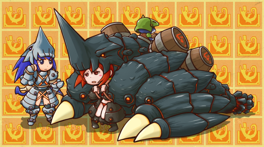 barrel, black_gravios, blue_eyes, blue_hair, blush_stickers, chibi, felyne, gravios_(armor), horn, long_hair, maruko_(siromaru), midriff, monster, monster_hunter, multiple_girls, navel, panties, pigeon-toed, pigeon_toed, red_eyes, red_hair, red_panties, redhead, sword, underwear, weapon