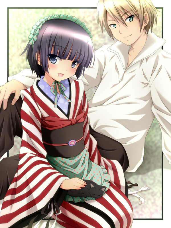 :d, ayase_midori, black_hair, blonde_hair, blue_eyes, blush, bob_cut, cat