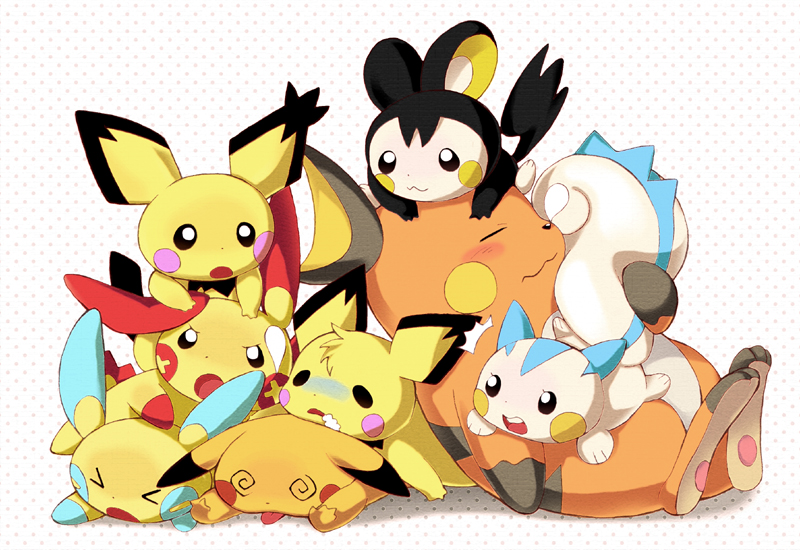 @_@, dogpile, emolga, foaming_at_the_mouth, hairy_pichu, hijirino_yuuta, minun, no_humans
