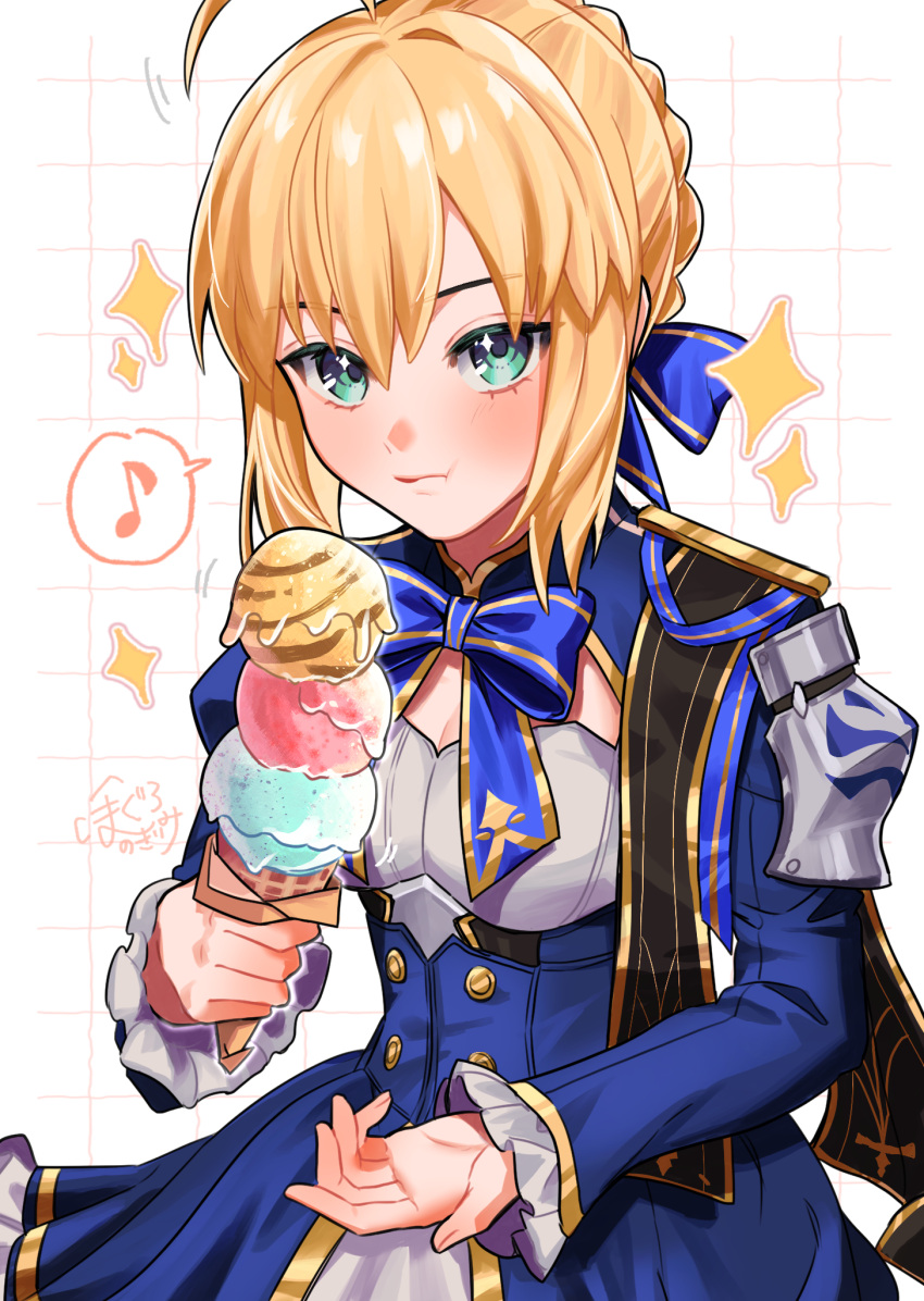 1girl, ahoge, aqua_eyes, armor, artoria_pendragon_(fate), blonde_hair, blue_bow, blue_bowtie, blue_dress, bow, bowtie, braid, breasts, buttons, checkered_background, cleavage_cutout, closed_mouth, clothing_cutout, commentary_request, cowboy_shot, dress, eating, fate/stay_night, fate/unlimited_blade_works, fate_(series), fingernails, food, frills, gold_trim, hair_between_eyes, hair_bow, hands_up, highres, holding, holding_food, holding_ice_cream, holding_ice_cream_cone, honkai:_star_rail, honkai_(series), huge_ahoge, ice_cream, ice_cream_cone, juliet_sleeves, long_sleeves, looking_at_viewer, mandarin_collar, medium_breasts, mogumogu_096, musical_note, puffy_sleeves, saber_(fate), saber_(honkai:_star_rail)_(fate), short_hair, shoulder_armor, sidelocks, solo, sparkle, sparkling_eyes, speech_bubble, spoken_musical_note, standing, two-tone_dress, white_background, white_dress