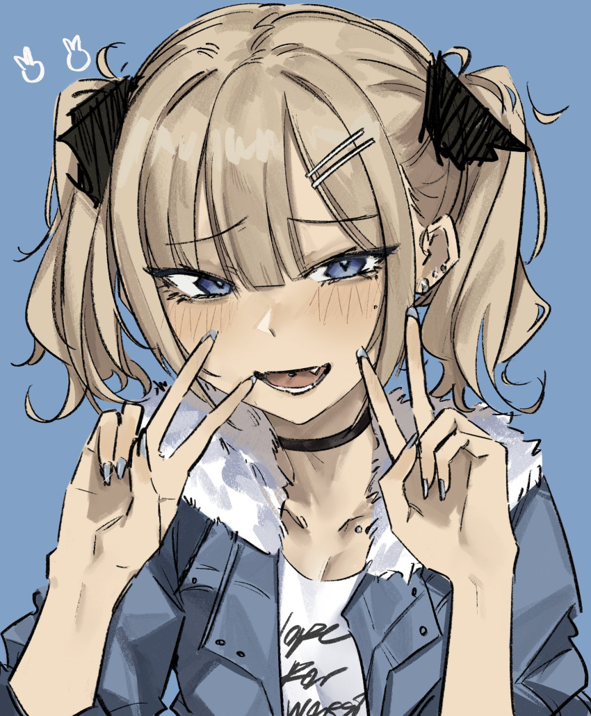 1boy, :d, black_choker, blonde_hair, blue_background, blue_eyes, blue_nails, choker