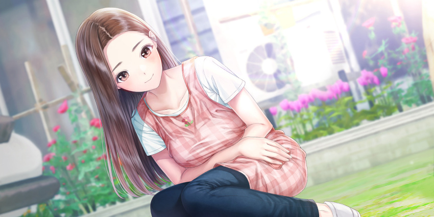 1girl, blue_pants, blue_reflection_(series), blue_reflection_sun, breasts, brown_eyes, brown_hair, closed_mouth