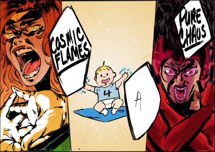 1girl, 2girls, baby, brown_hair, domain_expansion, fantastic_four, franklin_richards, highres