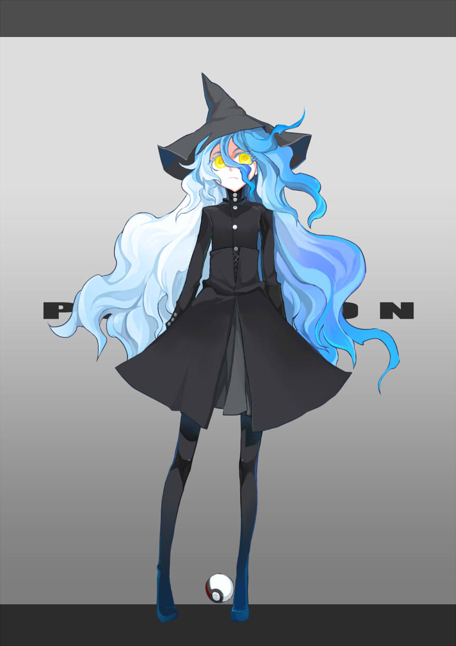 blue_hair, costume, dress, fiery_hair, gradient_hair, hat, highres, lampent, legging, multicolored_hair, pantyhose, personification, poke_ball, pokemon, pokemon_(game), pokemon_black_and_white, pokemon_bw, ratsuomo, white_hair, witch_hat