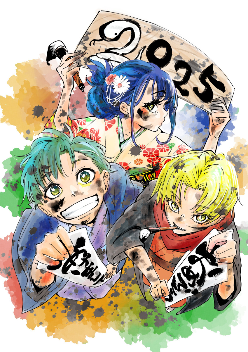 1girl, 2025, 2boys, absurdres, blonde_hair, blue_hair, calligraphy_brush, dirty, dirty_face, floral_print, floral_print_kimono, green_green_greens, highres, holding, holding_calligraphy_brush, holding_paintbrush, holding_sign, japanese_clothes, kimono, mouth_hold, multiple_boys, oga_nadeshiko, oliver_shiramine, paint, paint_on_body, paint_on_clothes, paintbrush, print_kimono, sign, smile, terasaka_kento, yaesaki_haku, yellow_eyes
