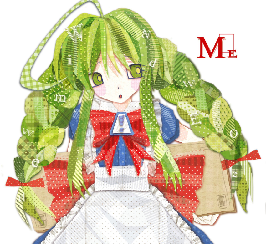 1girl, apron, blush, bow, braid, dress, folder, green_eyes