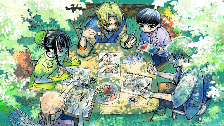 2girls, 3boys, apple, black_hair, blonde_hair, bow, bowtie, bun_cover