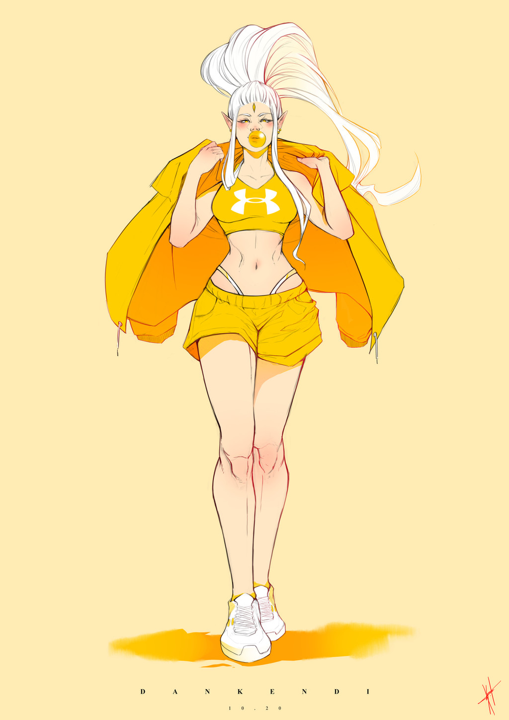 1girl, crop_top, dan_kendi, english_text, facial_mark, forehead_mark, high_ponytail, highres