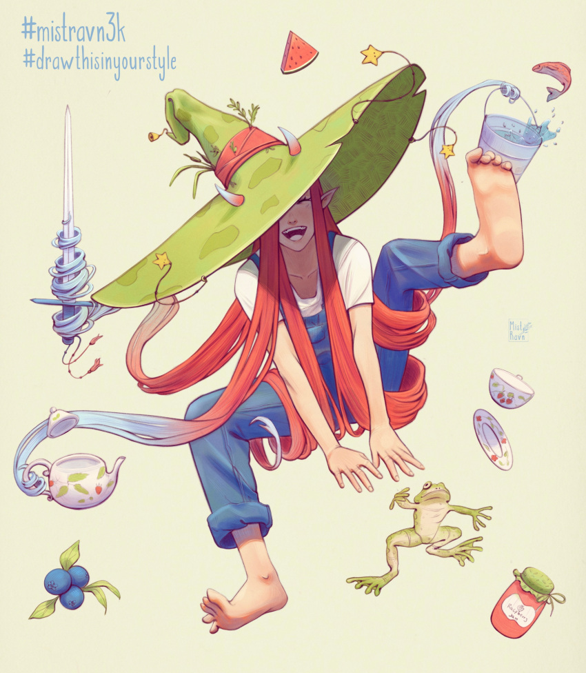 1girl, absurdres, artist_logo, barefoot, blue_hair, blue_overalls, blueberry, bucket