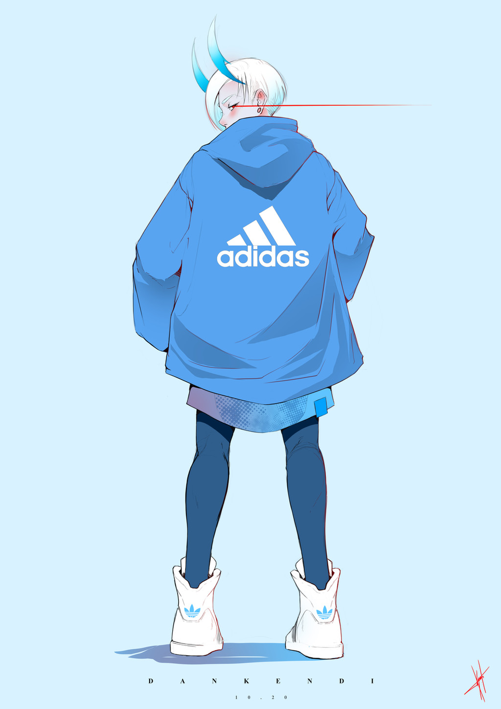 1girl, adidas, blue_background, blue_hoodie, blue_horns, blue_skirt, dan_kendi, energy_tail