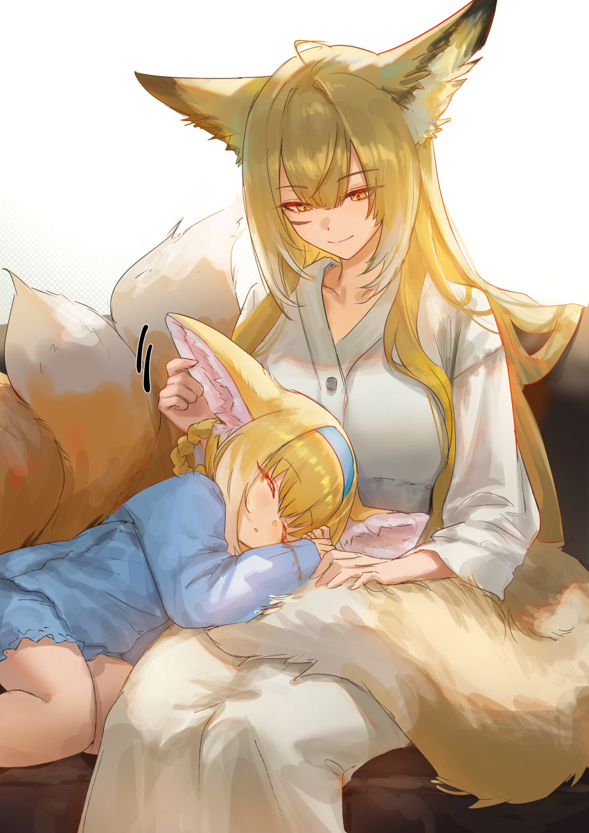 2girls, absurdres, animal_ears, arknights, blonde_hair, blue_hairband, blue_pajamas, closed_eyes